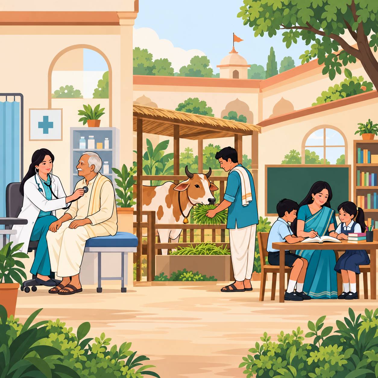 Illustration of healthcare, Gaushala and education initiatives, representing Atulya Connect.